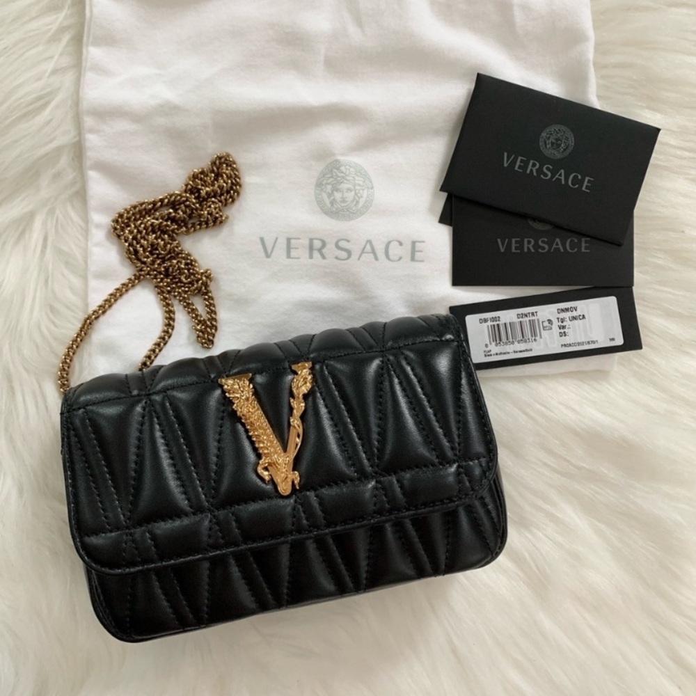 VERSACE Nappa Quilted Virtus V Evening Black Bag